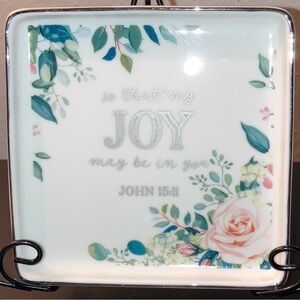 NIB Bible Verse Joy Summer Floral Ceramic Dish John 15 11 Faith Home Decor Sign
